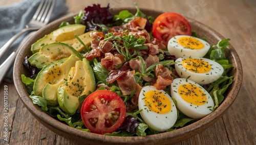 Salad With Eggs, Avocado, Bacon, and Tomatoes on a Wooden Table