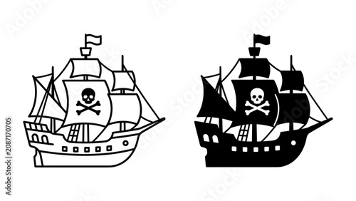 Photos Pirate Ship Silhouette and Outline: Two pirate ships, one in silhouette and the other in outline, sail the seas under a Jolly Roger flag, representing adventure and maritime lore