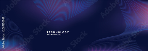 Abstract technology banner background on dark blue. Modern digital header with purple-blue glowing spots and dynamic flowing data lines.