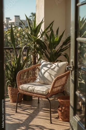 Cozy Chair on Balcony Surrounded by Plants in Afternoon Light