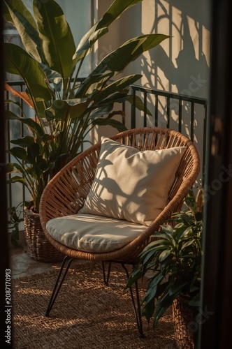 Cozy Chair With Plants on a Balcony in the Evening Light