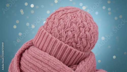 Knit Hat and Scarf Displayed Against a Soft Blue Background With Bokeh Lights