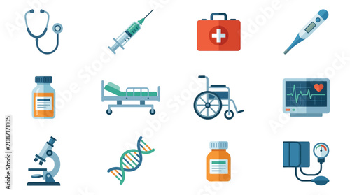 Clean Medical Icons Set Stethoscope Syringe First Aid Kit Thermometer Pill Bottle Hospital Bed Wheelchair ECG Microscope DNA Blood Pressure Monitor