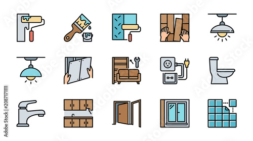 Elegant Flat Icons Set Showing Various Home Repair and Improvement Tasks with Simple Line Art with high quality professional line art symbols for modern creative design and digital branding projects