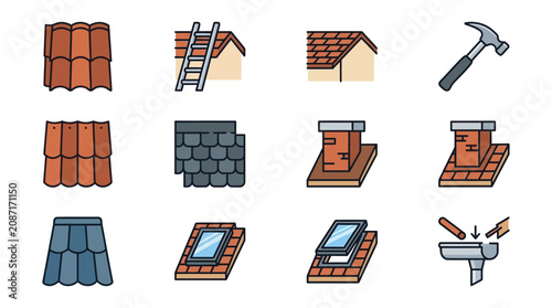 Dynamic Illustrated Guide to Roofing and Construction Tools with Colorful Shingles Skylights and Hammer Icons