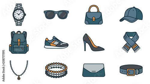 Minimalist Flat Set of Trendy Accessories in Monochrome and Orange Accents Watches Sunglasses Bags Shoes Jewelry