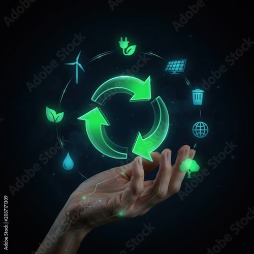 Human hand holding glowing green recycling symbol with renewable energy and environmental icons for sustainability and nature protection concept