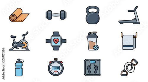 Modern Flat Icons Set of Fitness Equipment and Accessories in Minimalist Style with Heartbeat Watch and Hydration Bottle