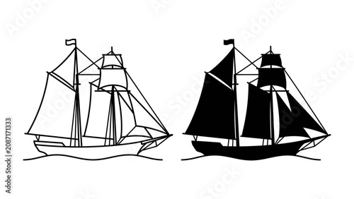 Photos Sailboat illustration: Two sailboats, one outlined and one silhouetted, glide across the water under full sail, representing classic maritime design and nautical exploration