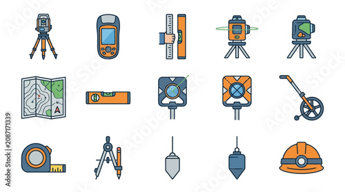 Professional Illustrated Set of Surveying and Construction Tools with Bright Orange and Gray Color Scheme