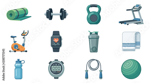 Dynamic Fitness Gear Collection Vibrant Exercise Equipment and Accessories Illustrated in Modern Style