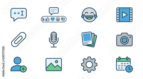 Minimalist Flat Icons Set Showcasing Communication Media and Utility Symbols in Blue Gray and Green