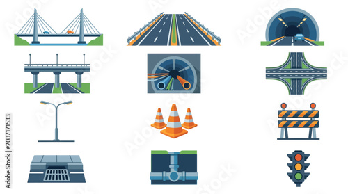Elegant Colorful Illustrated Icons Set Featuring Modern Infrastructure Elements Road Signs and Traffic Systems