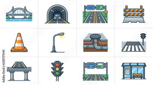 Clean Illustrated Icons Set of Road Infrastructure and Traffic Control Elements with high quality professional line art symbols for modern creative design and digital branding projects