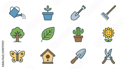 Sleek Colorful Illustrations of Gardening Tools Plants and Nature Elements in Minimalist Style with high quality professional line art symbols for modern creative design and digital branding projects