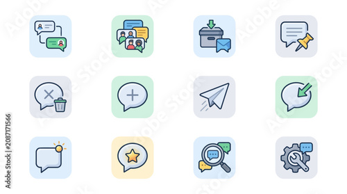 Sleek Set of Twelve Minimalist Communication and Feedback Icons with Speech Bubbles Trash Star Gear and Paperplane