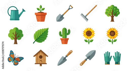 Professional Colorful Flat Set of Gardening Tools Plants and Nature Elements for Educational or Design Use