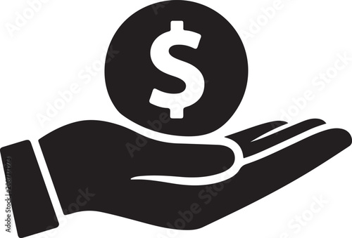 Hand holding dollar coin black silhouette vector icon for finance, investment and money savings