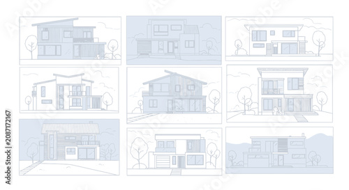 Set of Modern Residential House Architecture Sketches Featuring Various Contemporary Home Exterior Designs for Real Estate and Construction Projects