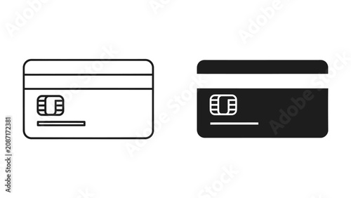 Obraz na płótnie Credit Card Icons: Simple line art and solid icon representations of a modern credit card, showcasing its chip and magnetic stripe detail