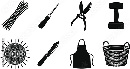 Foto Basket Weaving and Wicker Craft Vector Icon Set Featuring Willow Rods, Pruning S