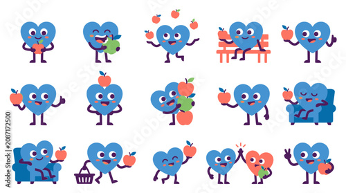 Cute Blue Heart Characters with Apples, Fun Actions and Emotions