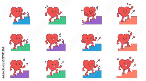 Cute Heart Character Climbing Stairs: Effort, Success, Emotions, Growth, Steps