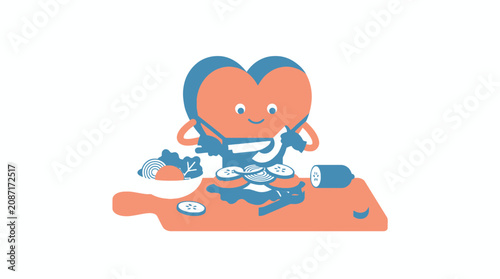 Cute Heart Character Slicing Cucumber on Cutting Board, Healthy Food Concept
