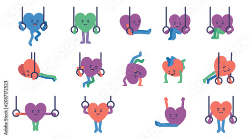 Cute Heart Characters Doing Gymnastics on Rings