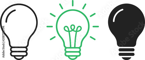 Three light bulbs with different states and colors