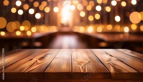 A Cozy Wooden Table In A Softly Lit Space Featuring Blurred Warm Lights In The Background Creating An Inviting Atmosphere