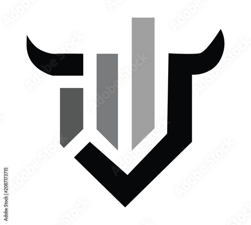 Modern bull head shield logo with letter V monogram vector emblem