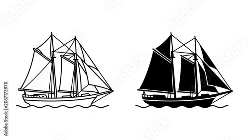 Valokuva Schooner Icon Duo: Two distinct illustrations of a schooner sailboat, one in black and white outline and the other in silhouette, sailing on the water