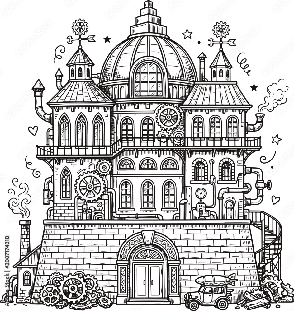 Obraz premium Steampunk fantasy mansion with mechanical gears and industrial pipes architectural sketch steampunk architecture mechanical industrial building clockwork structure detailing illustration