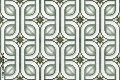Bild auf Leinwand Retro Geometric Pattern: An intricate, repeating geometric pattern featuring curved lines and star-shaped elements in a sophisticated color palette