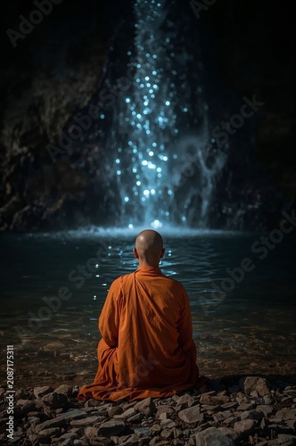 Monk Sits Near Water With Waterfall in Background During Nighttime