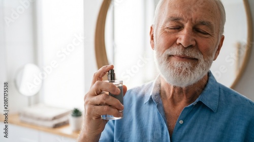 Senior man spraying cologne or perfume onto his neck in bathroom