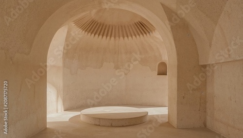 Interior View of Curved Architecture in a Simple Space With Warm Light