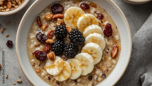 Healthy Breakfast Bowl With Oats, Fruits, and Nuts at Morning Time