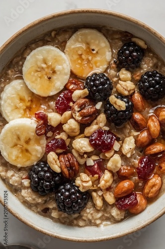 Healthy Breakfast Bowl With Oats, Fruits, and Nuts at Morning Time