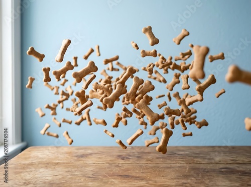 Flying dog biscuits on wooden table with blue background