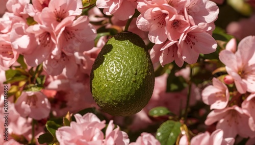 Avocado Fruit Hanging Among Pink Flowers in a Garden During Spring Season