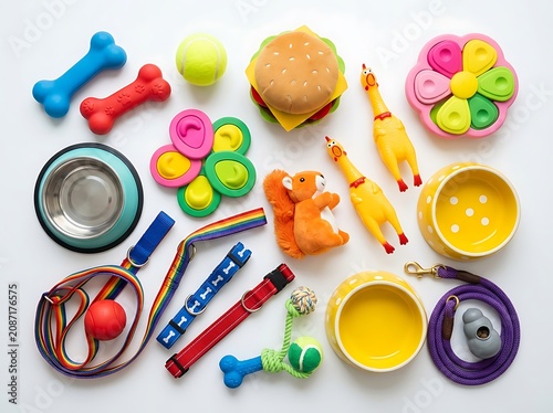 Colorful assortment of dog toys leashes and feeding bowls arranged on a clean white surface for pet product marketing