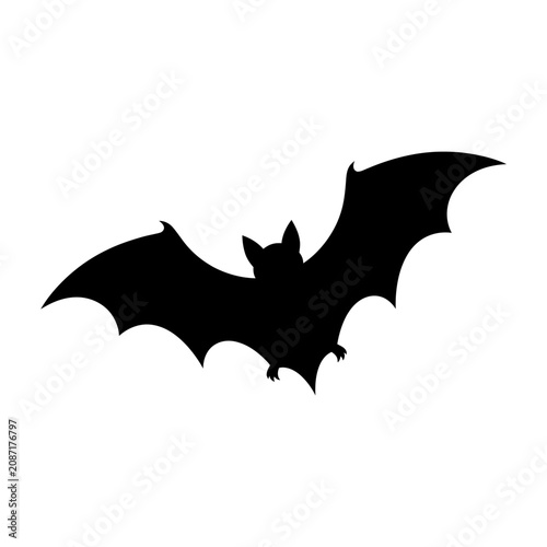 Black bat silhouette, flying mammal icon, dark creature symbol, Halloween vector graphic isolated on White Background