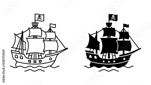 Canvastavla Pirate Ship Icon: A classic pirate ship sailing on the sea, flying the Jolly Roger flag, presented in both outline and silhouette forms for versatile design use