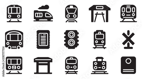 Foto Collection of black glyph representing trains, stations, and railway symbols on