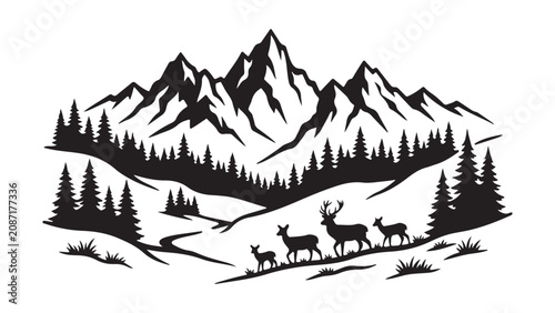 Photos Mountain Landscape Silhouette with Pine Forest and Deer Family