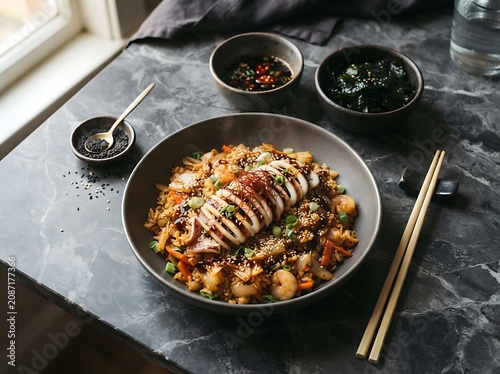 Delicious asian style seafood fried rice dish with squid shrimp and vegetables served with chopsticks and condiments