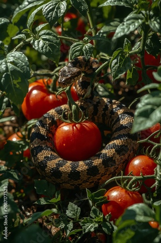 Snake Resting Among Ripe Tomatoes in a Garden During Warm Daylight