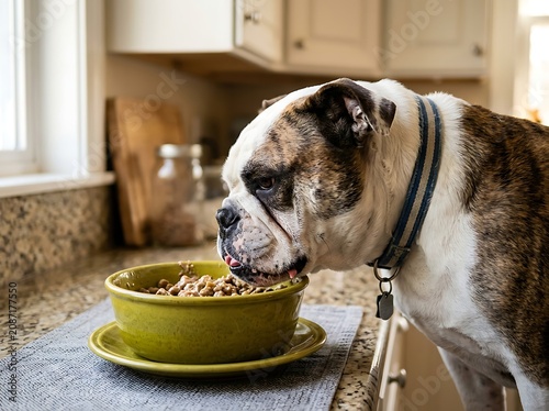 English bulldog eating dry kibble from green ceramic bowl in bright kitchen setting